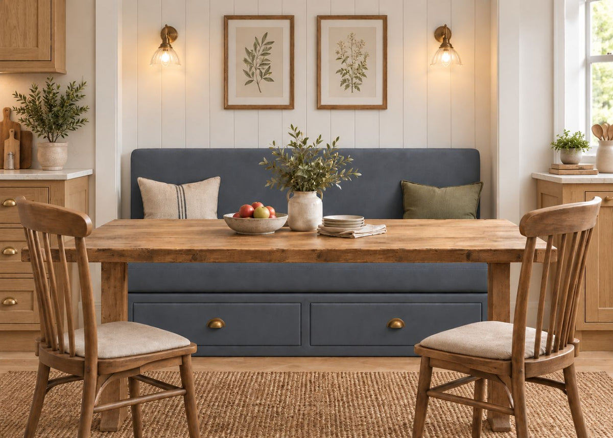 Plain Back Straight Banquette Seating with Drawer Storage | Denim Colourway