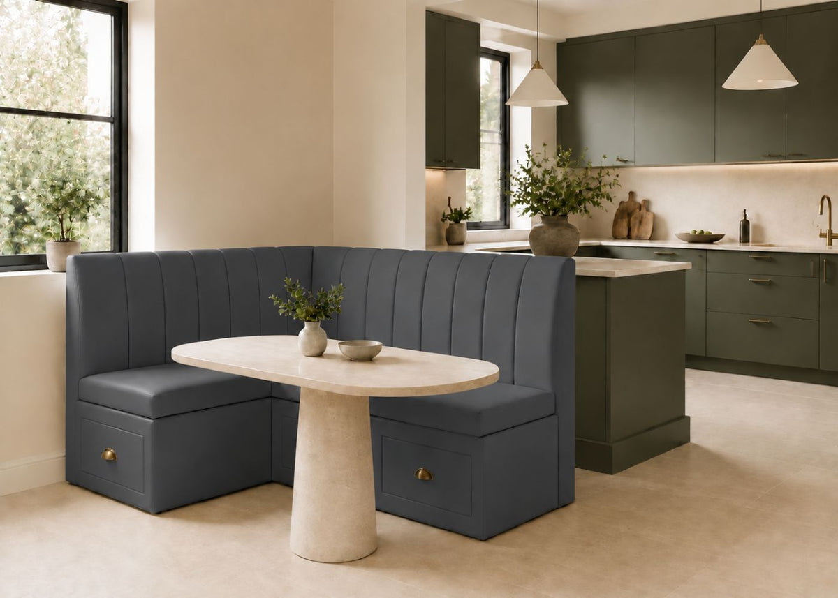 Camden L Shape Fluted Banquette Seating with Storage | Left Hand in Denim Colourway