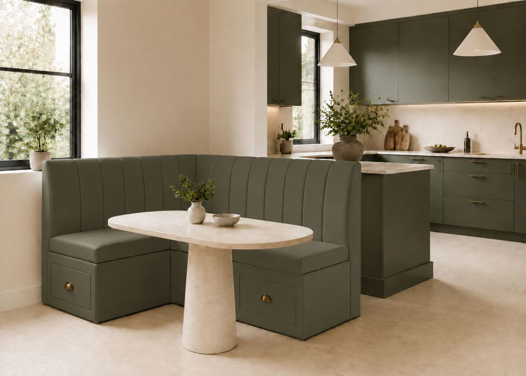 Camden L Shape Fluted Banquette Seating with Storage | Left Hand in Moss Colourway