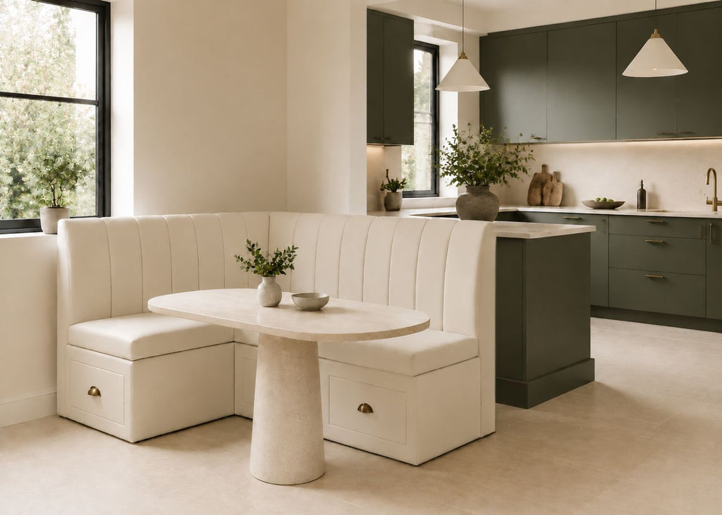 Camden L Shape Fluted Banquette Seating with Storage | Left Hand in Stone Colourway
