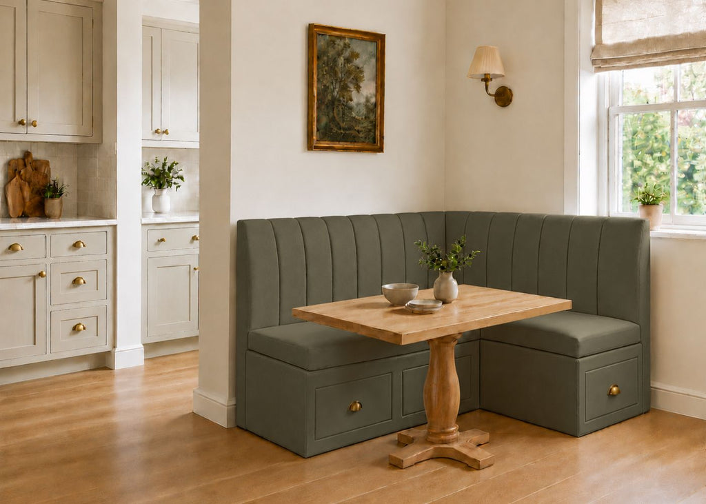 Camden L Shape Fluted Banquette Seating with Storage | Right Hand in Moss Colourway