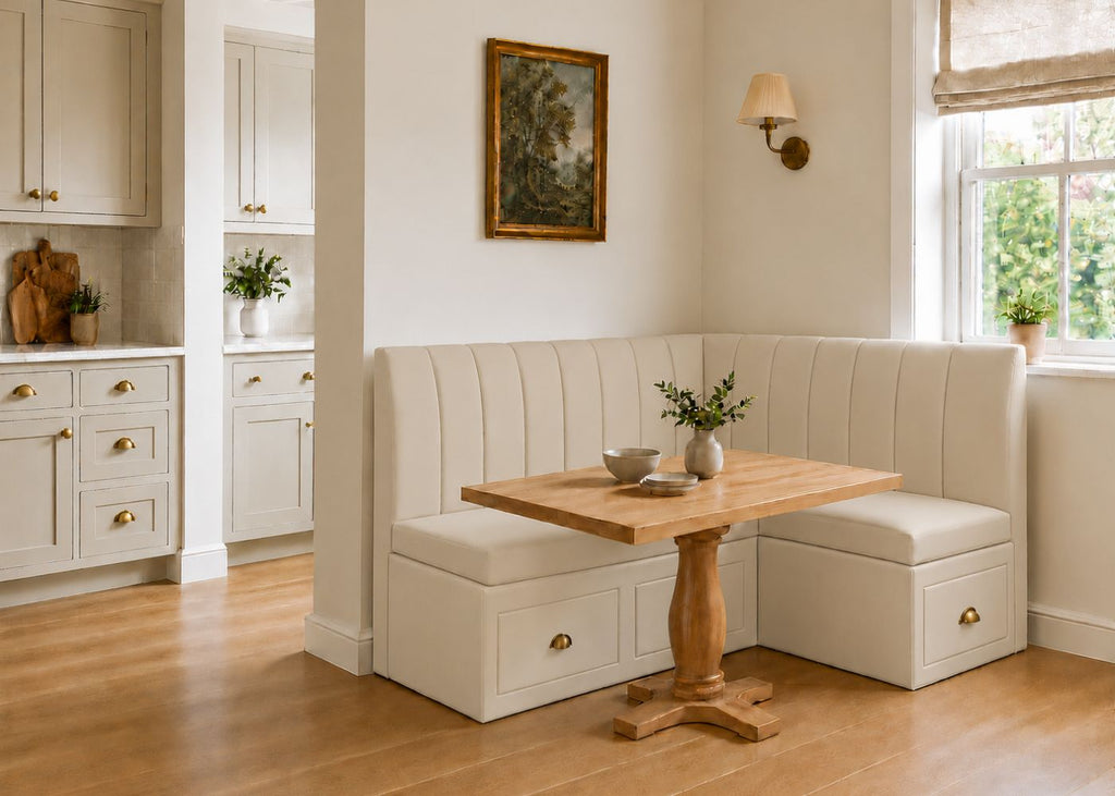 Camden L Shape Fluted Banquette Seating with Storage | Right Hand in Stone Colourway