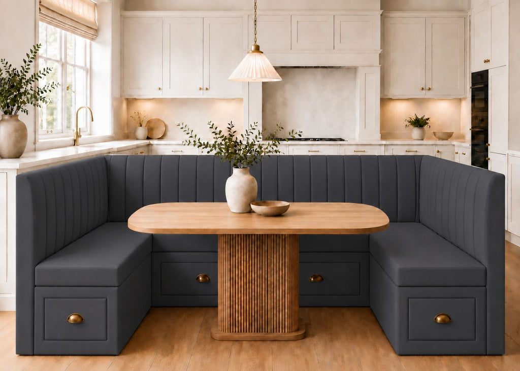 Camden U Shape Fluted Banquette Seating with Storage | Denim Colourway