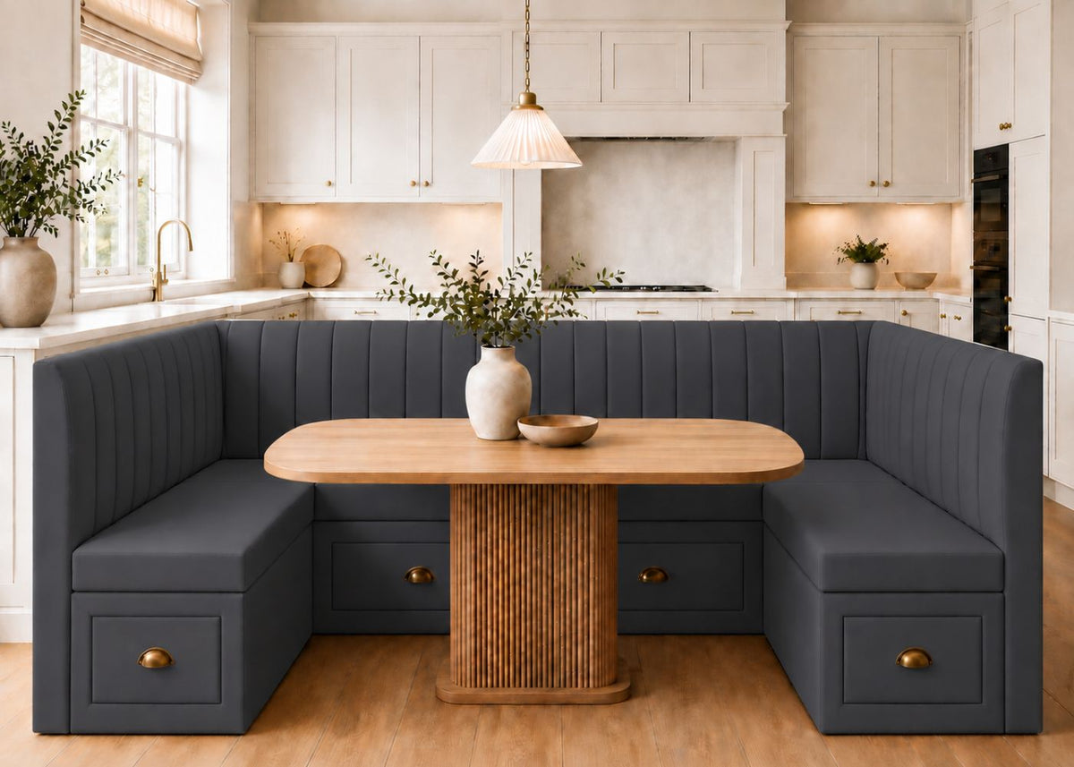Camden U Shape Fluted Banquette Seating with Storage | Denim Colourway