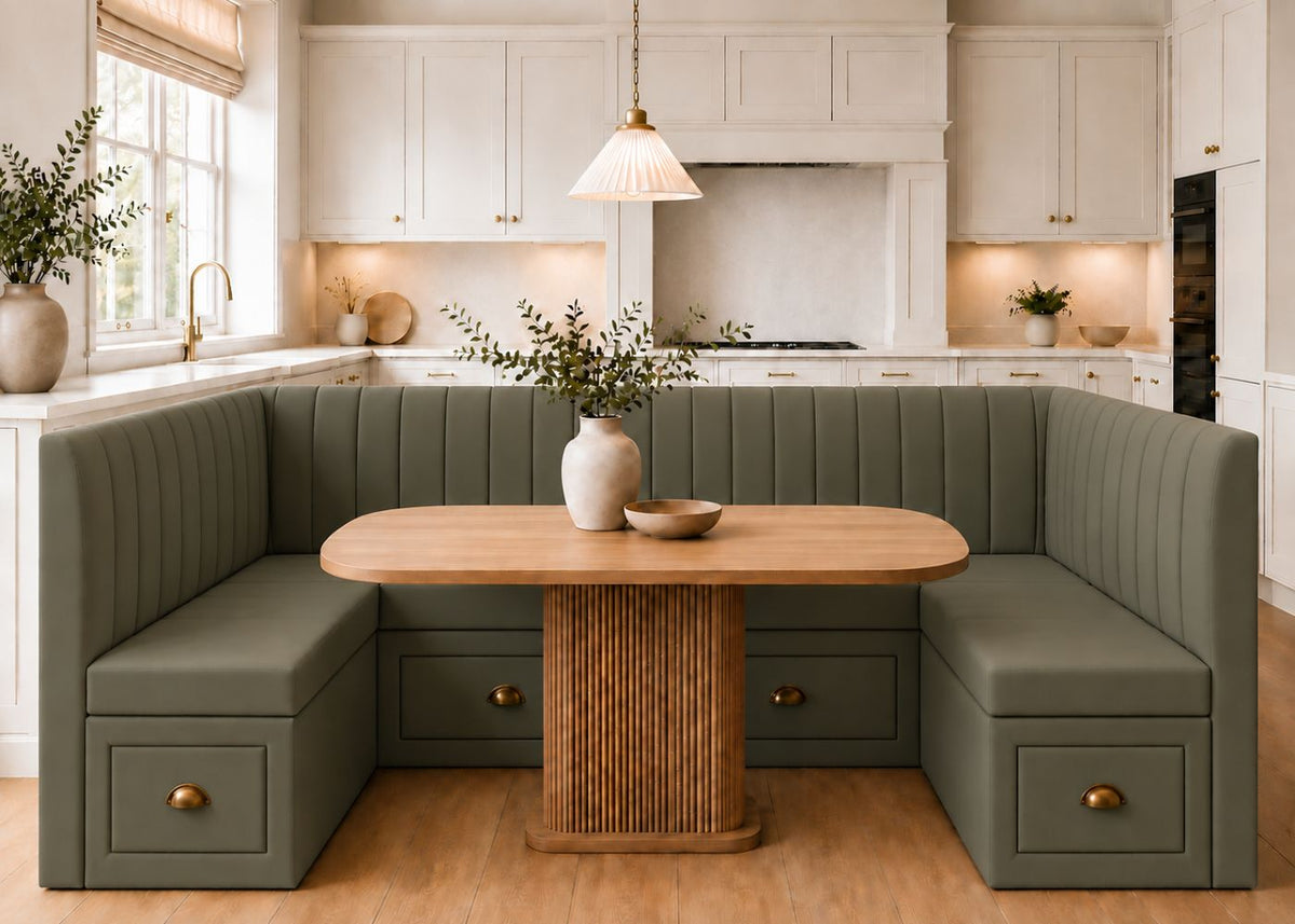 Camden U Shape Fluted Banquette Seating with Storage | Moss Colourway