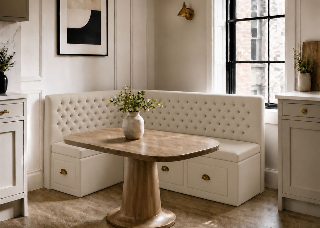 Mayfair L Shape Buttoned Banquette Seating with Storage | Left Hand Orientation in Clay Colourway
