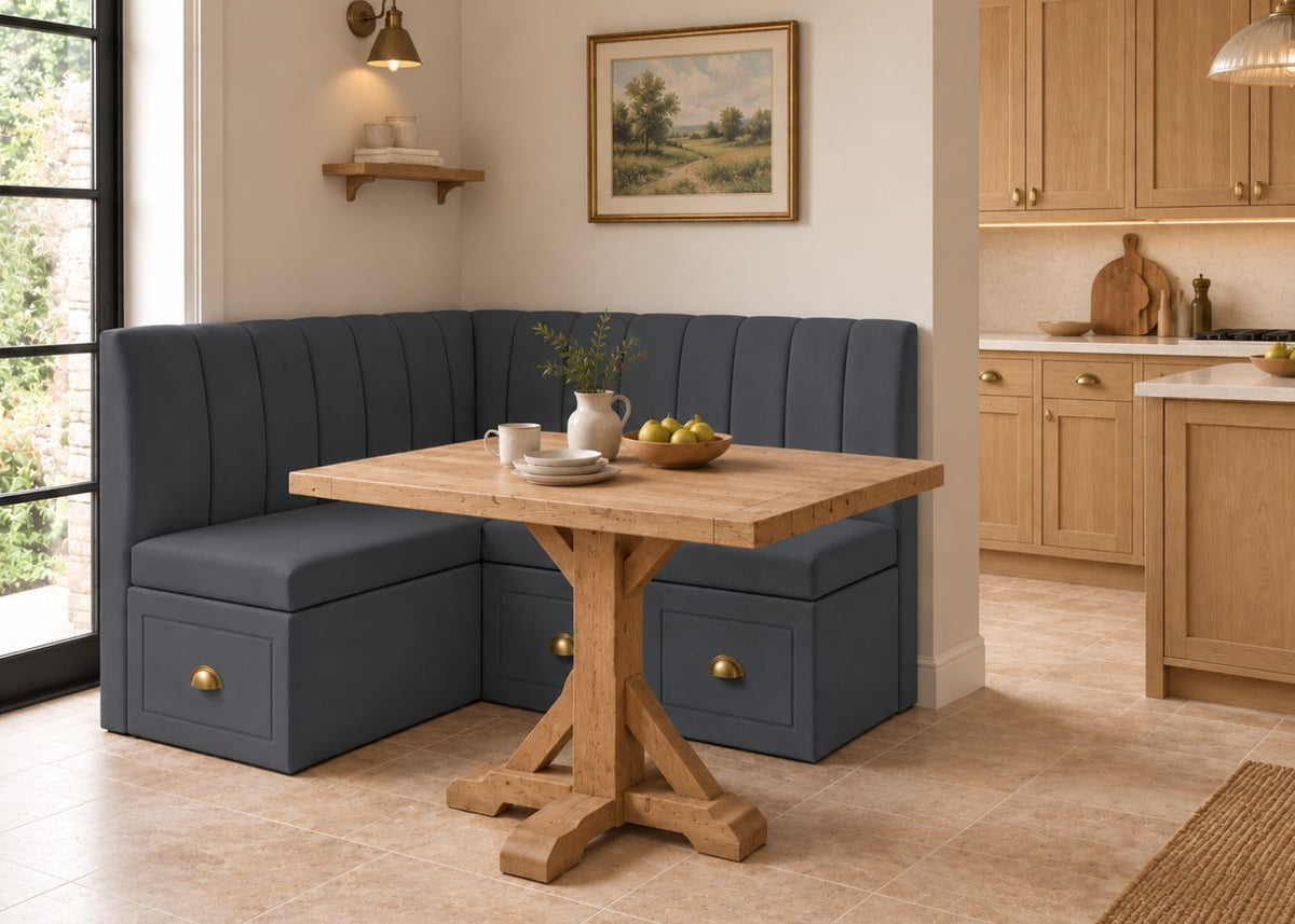 Fluted Corner Banquette Seating with Drawer Storage | Denim Colourway