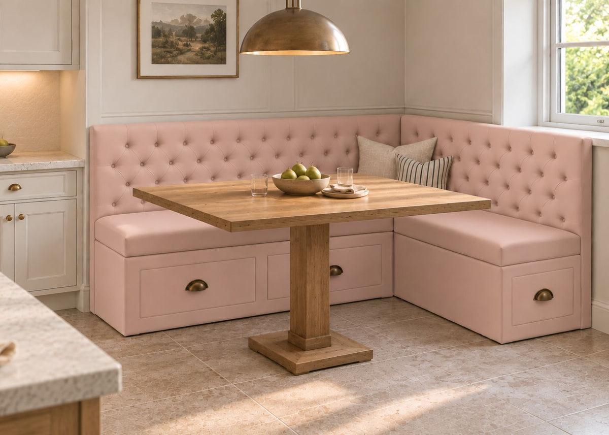Buttoned Corner Banquette Seating with Drawer Storage | Right Hand in Rose Colourway