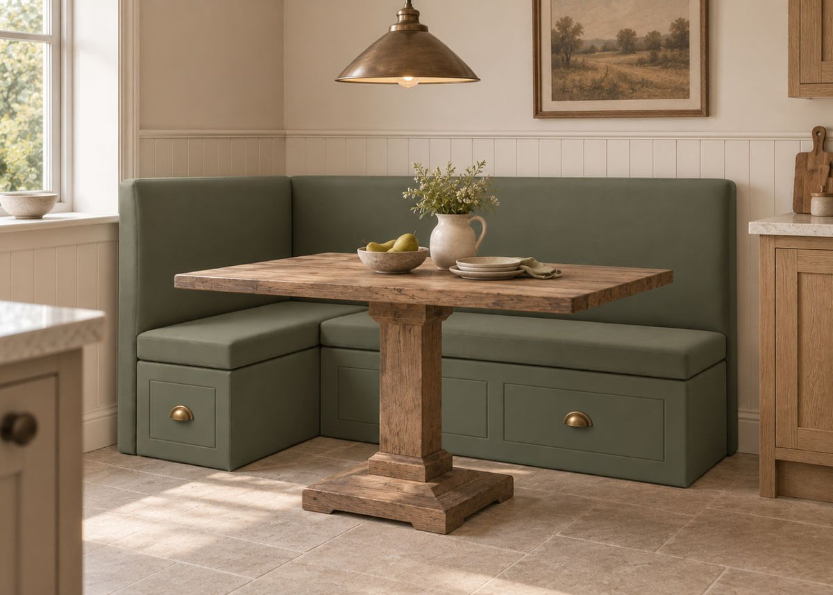 Plain Backed Corner Banquette Seating with Drawer Storage | Moss Colourway