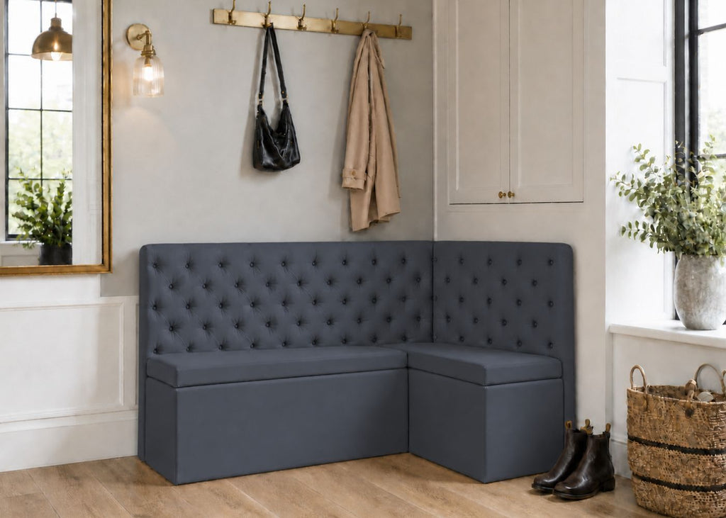 Mayfair L Shape Buttoned Upholstered Bench | Right Hand Orientation with Denim Colourway
