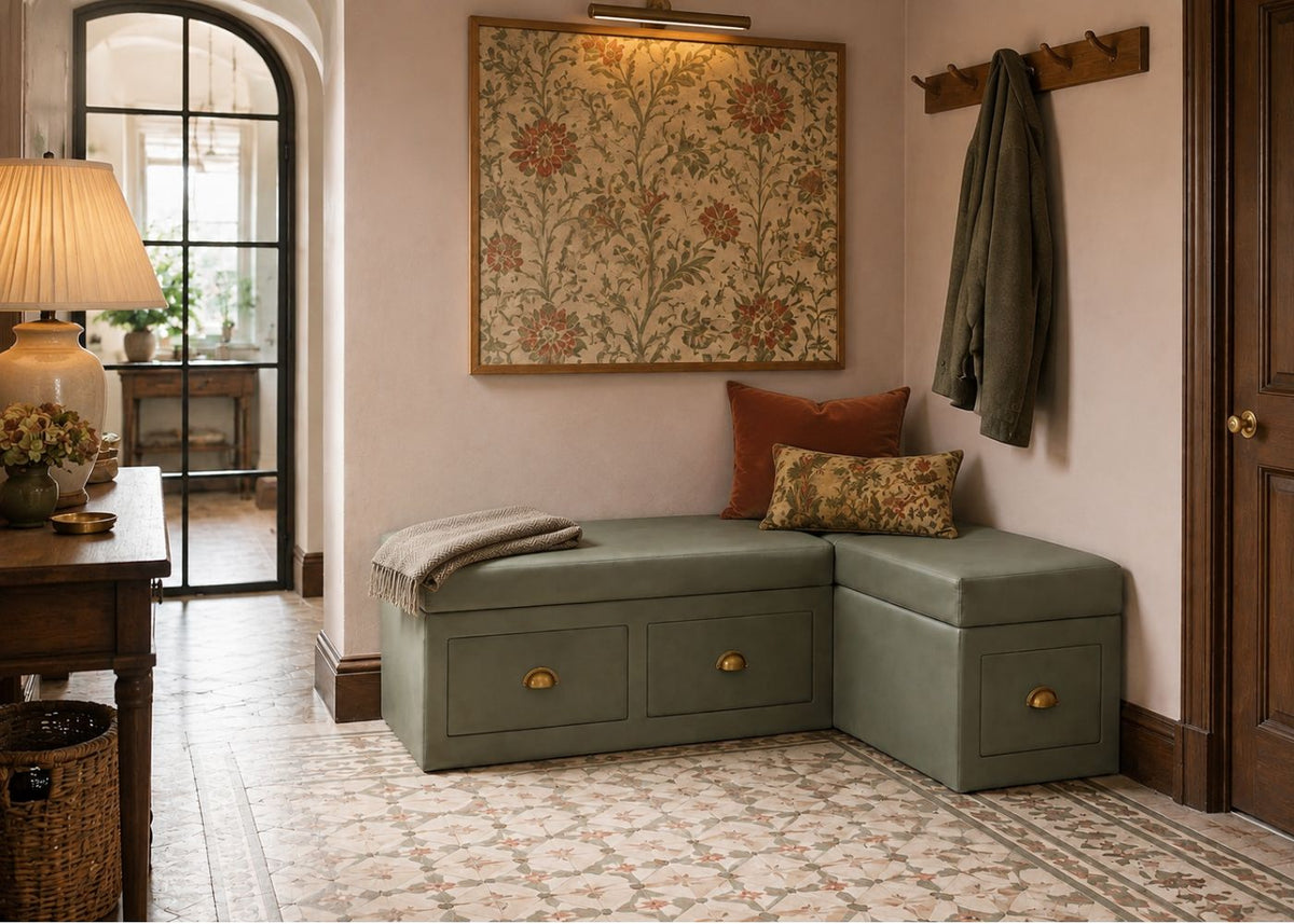 Corner Bench Seating for Hallways with Drawer Storage | Moss Colourway