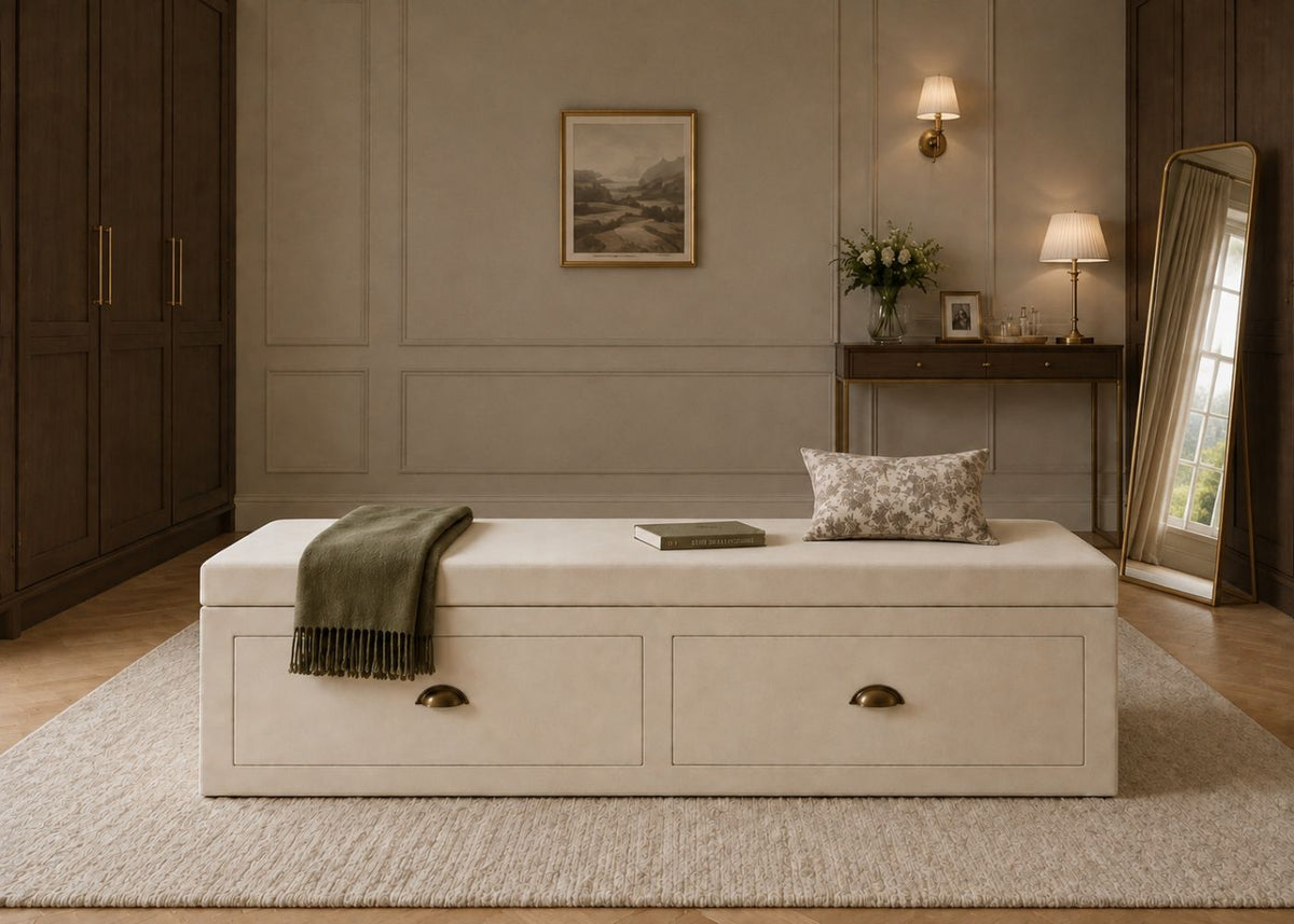Bench Seating for Dressing Rooms with Drawer Storage | Stone Colourway