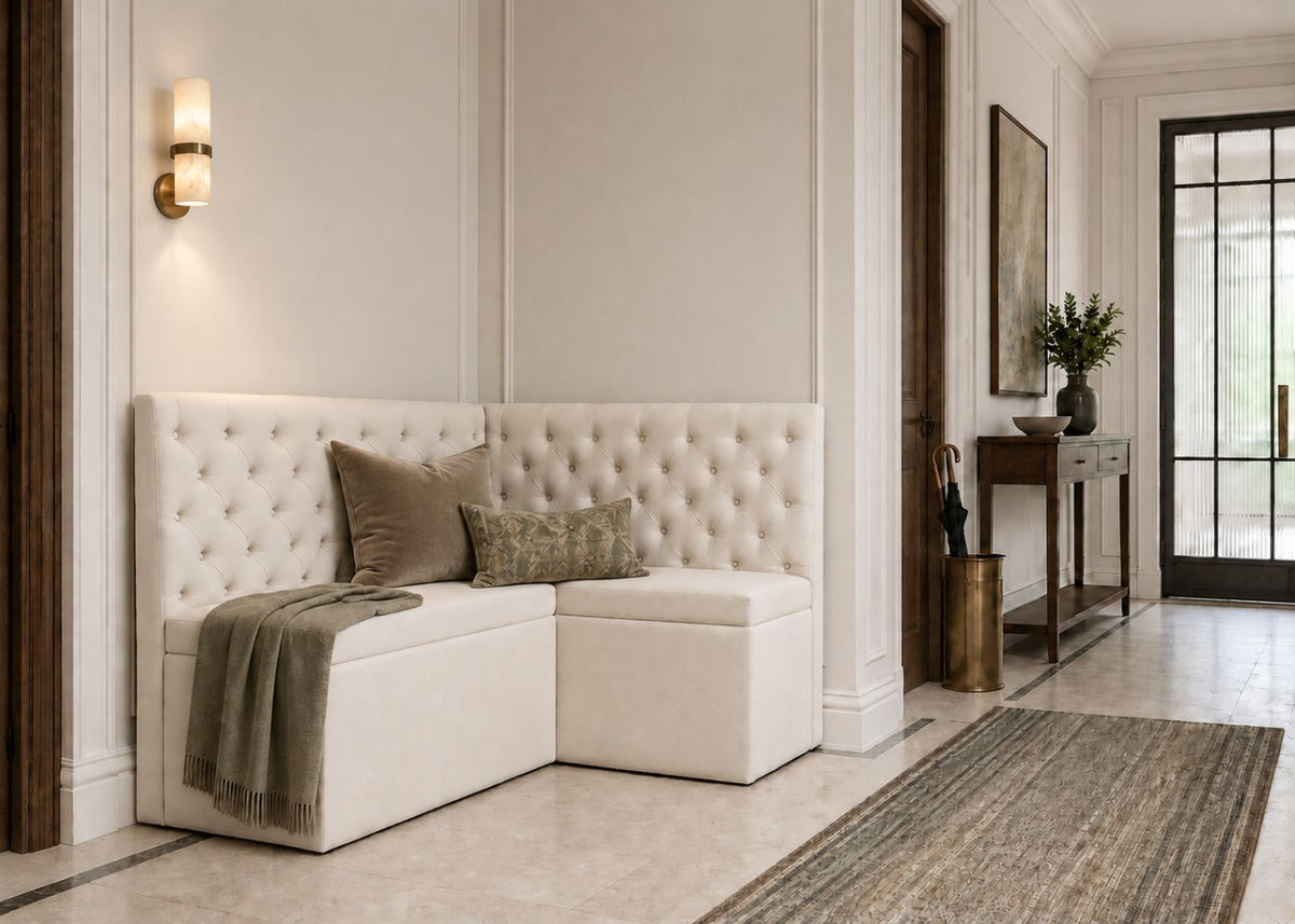 Buttoned Corner Bench Seating for Hallways | Stone Colourway