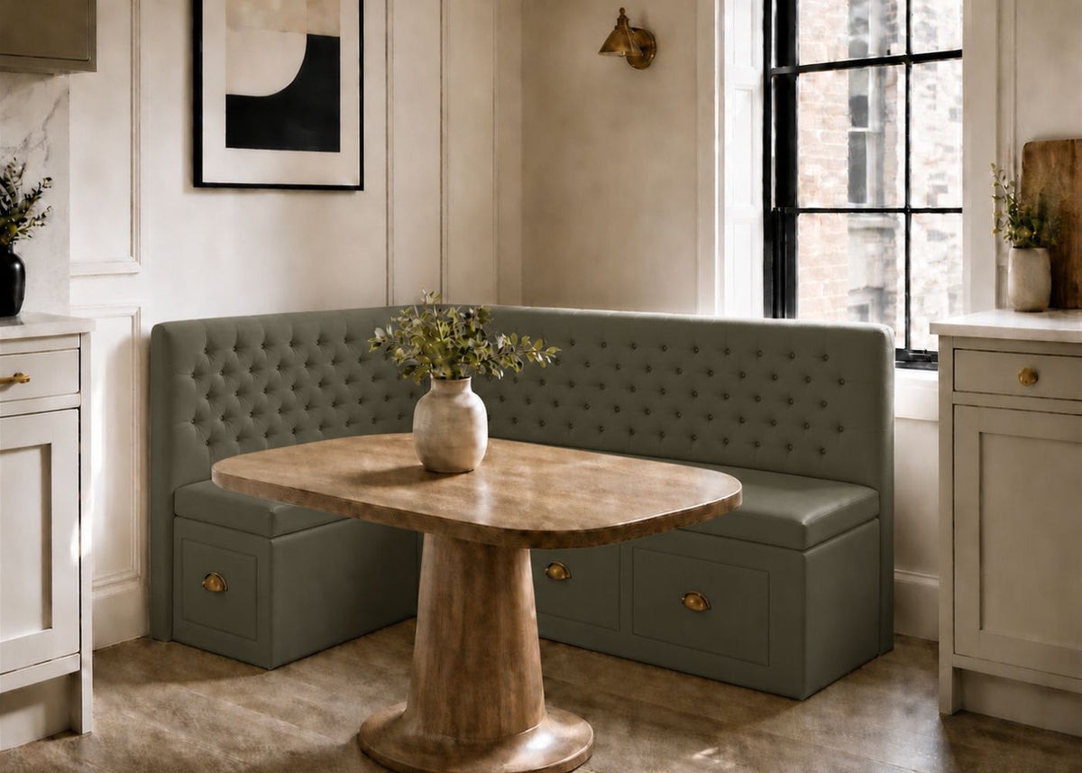Mayfair L Shape Buttoned Banquette Seating with Storage | Left Hand Orientation in Moss Colourway