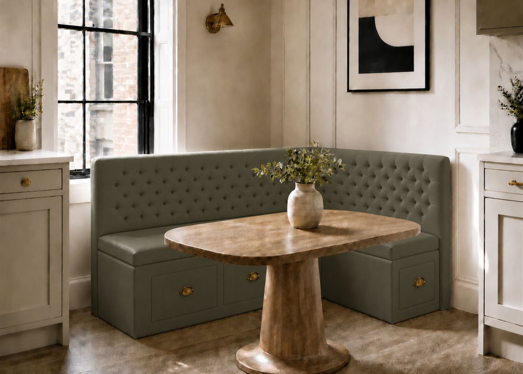 Mayfair L Shape Buttoned Banquette Seating with Storage | Moss Colourway