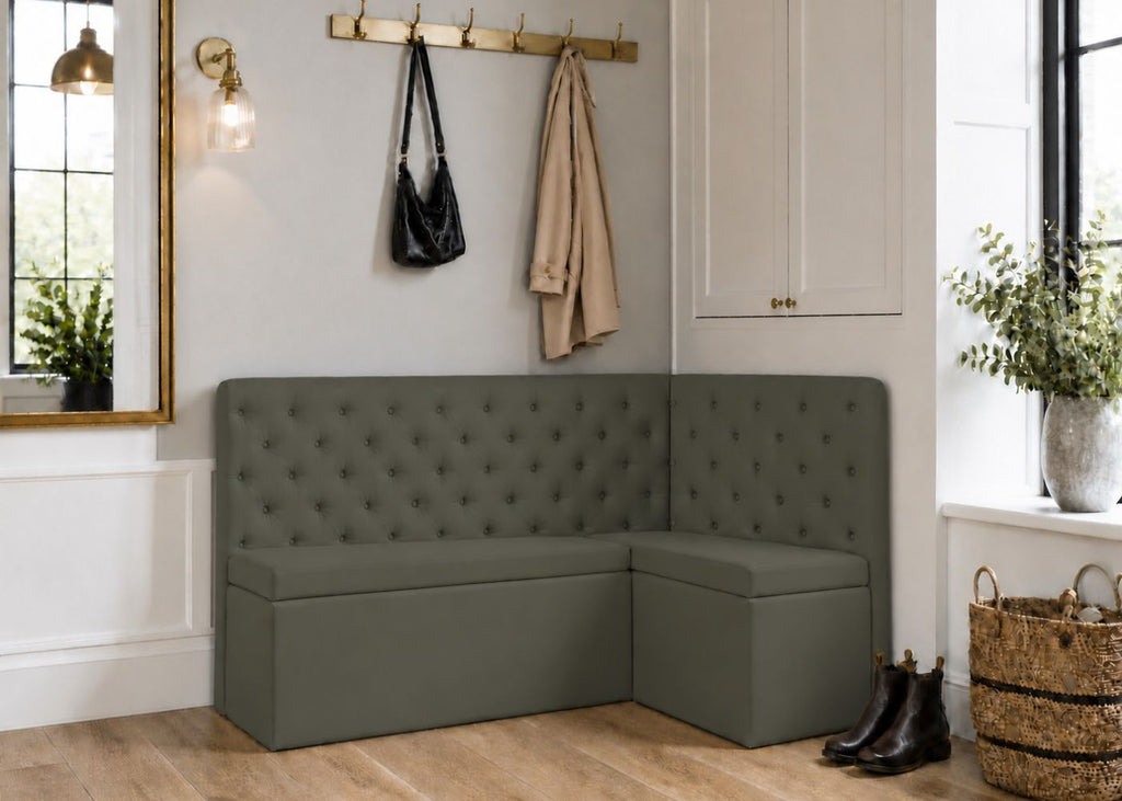 Mayfair L Shape Buttoned Upholstered Bench | Right Hand Orientation with Moss Colourway