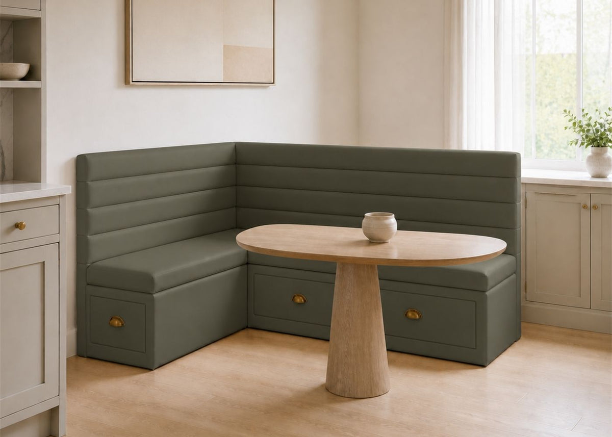 Soho L Shape Panelled Banquette Seating with Storage | Left Hand in Moss Colourway