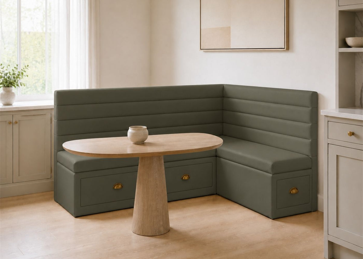 Soho L Shape Panelled Banquette Seating with Storage | Right Hand in Moss Colourway