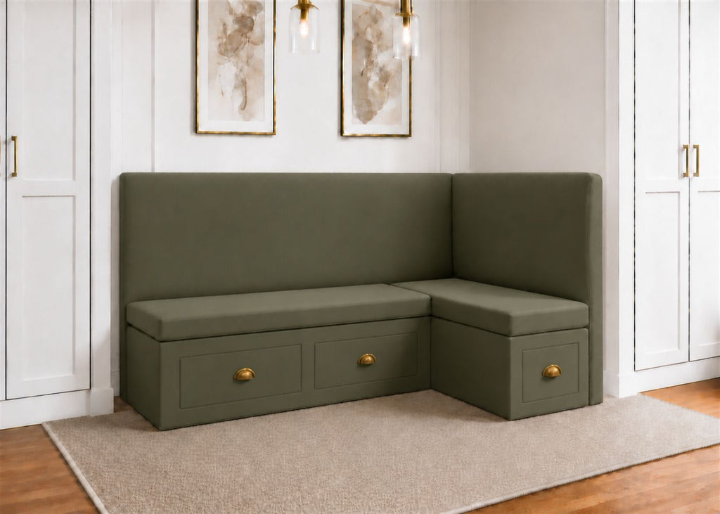 Richmond L Shape Plain Back Banquette Seating with Storage | Right Hand in Moss Colourway