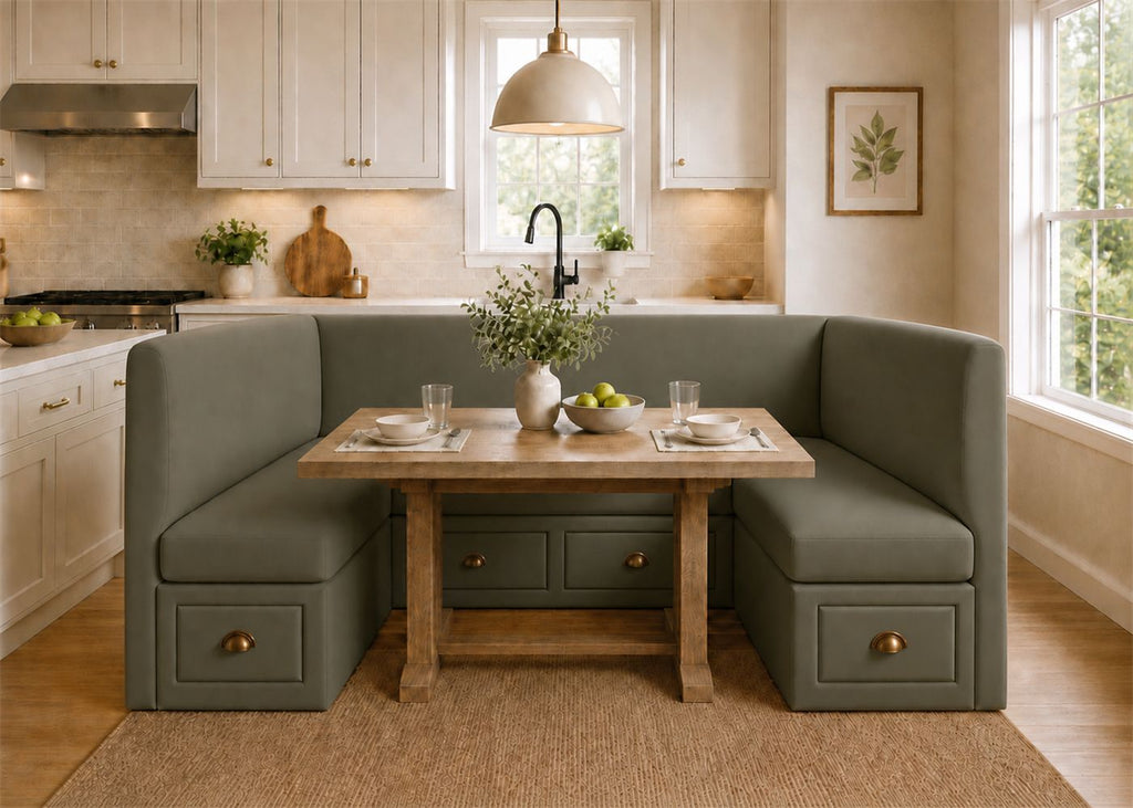 Richmond U Shape Plain Back Banquette Seating with Storage | Moss Colourway