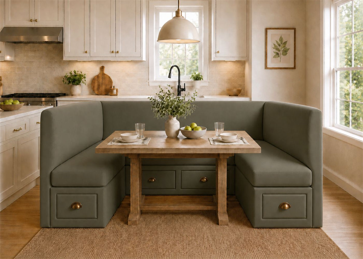 Richmond U Shape Plain Back Banquette Seating with Storage | Moss Colourway