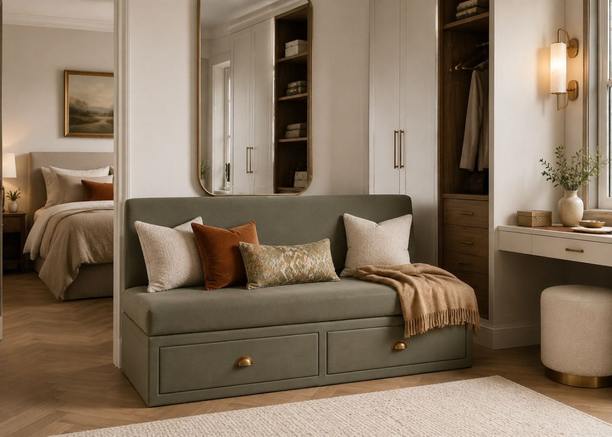 Plain Back Bench Seating for Dressing Rooms | Moss Colourway