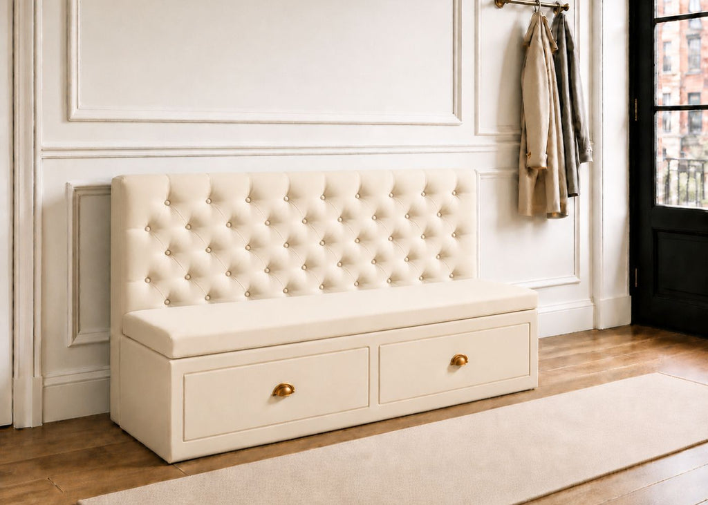 Mayfair Straight Buttoned Upholstered Storage Bench | Stone Colourway