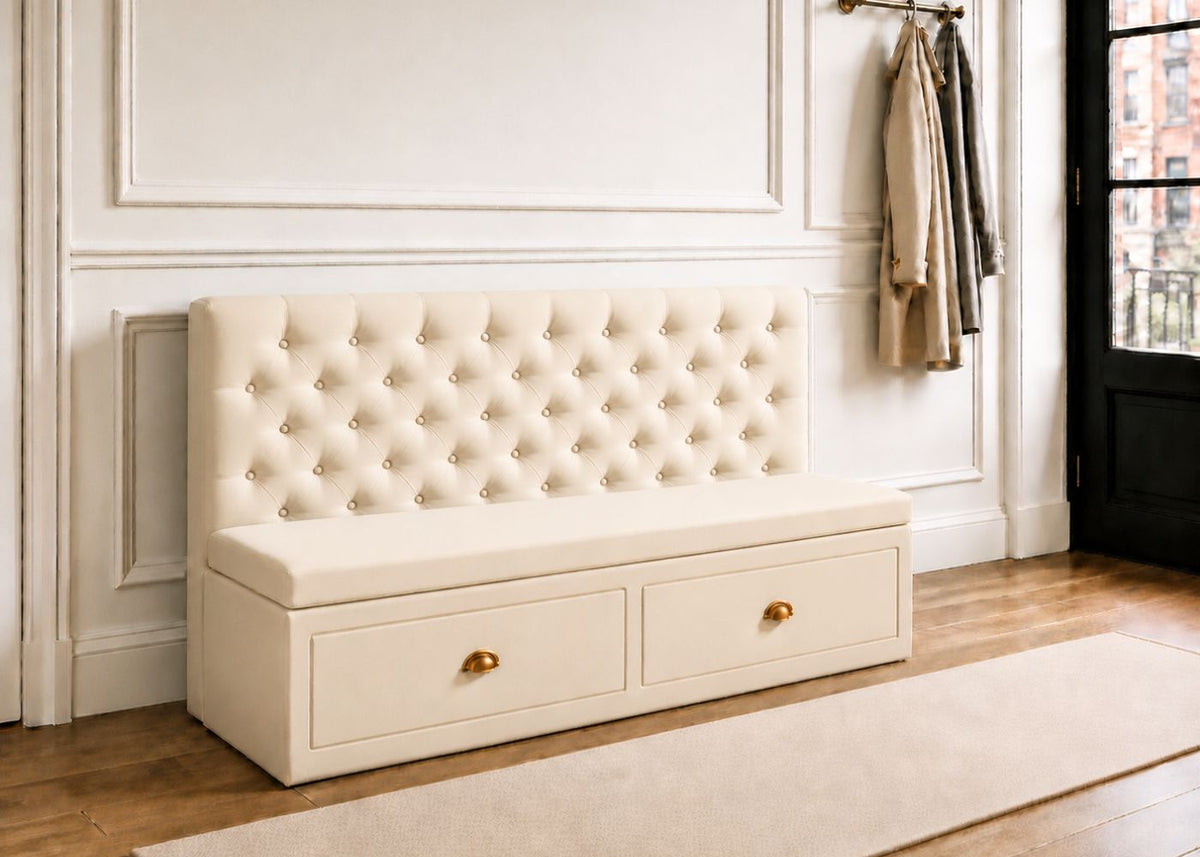 Mayfair Straight Buttoned Upholstered Storage Bench | Stone Colourway