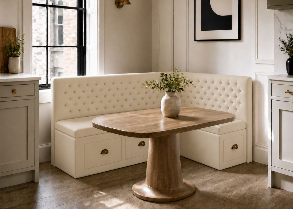 Mayfair L Shape Buttoned Banquette Seating with Storage | Stone Colourway
