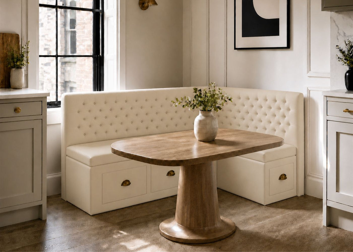 Mayfair L Shape Buttoned Banquette Seating with Storage | Stone Colourway
