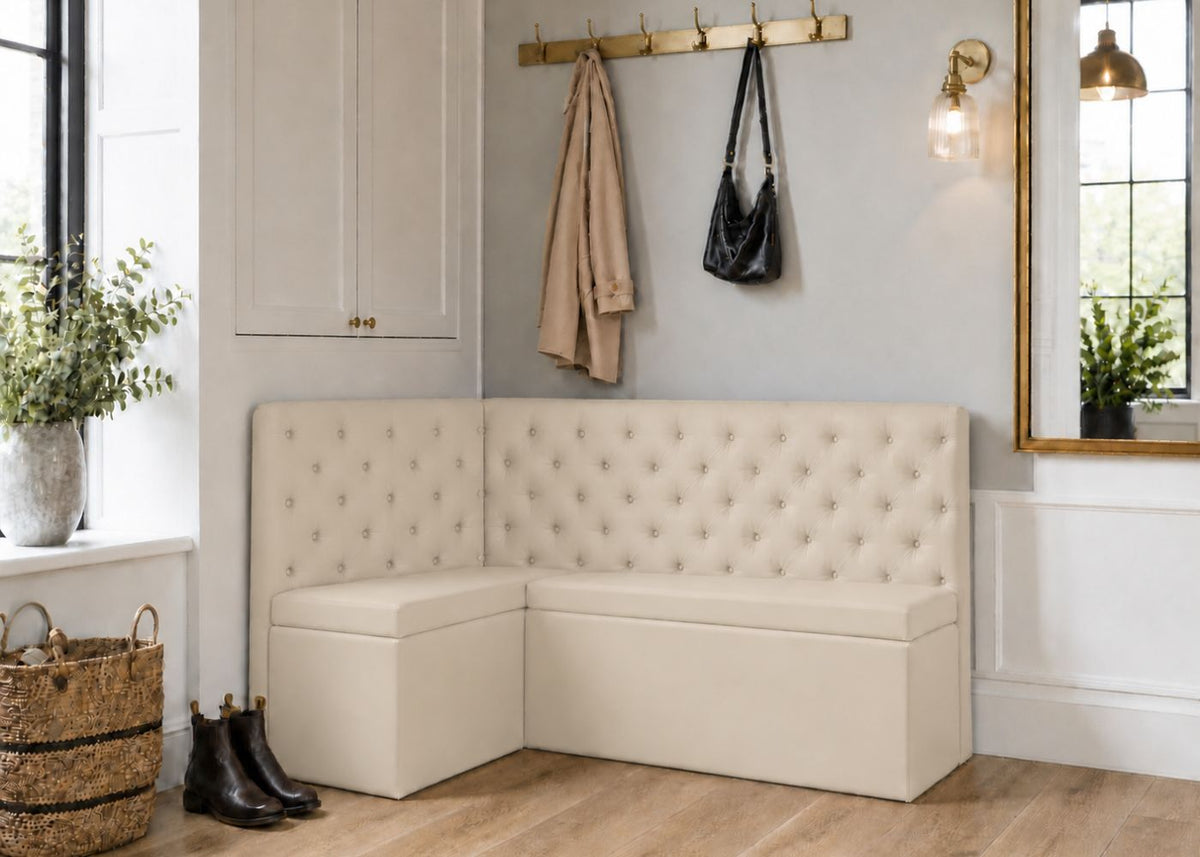 Mayfair L Shape Buttoned Upholstered Bench | Stone Colourway