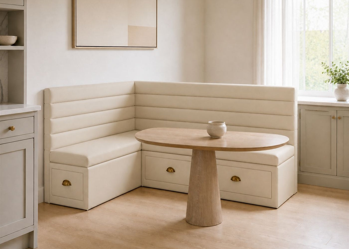 Soho L Shape Panelled Banquette Seating with Storage | Left Hand in Stone Colourway
