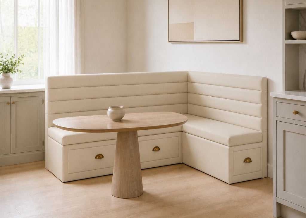 Soho L Shape Panelled Banquette Seating with Storage | Right Hand in Stone Colourway