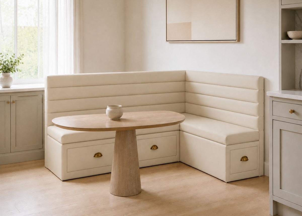 Soho L Shape Panelled Banquette Seating with Storage | Right Hand in Stone Colourway